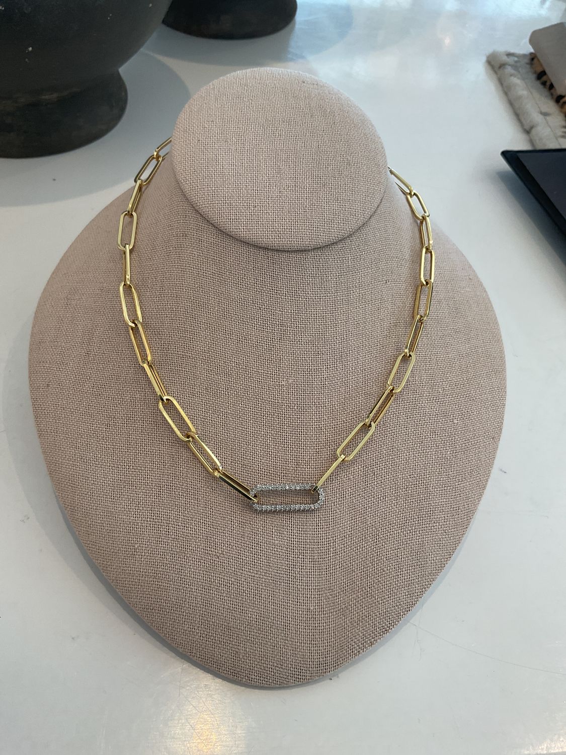 Necklace, 14K Gold Paperclip Links with Large Diamond Connector, 16&quot;