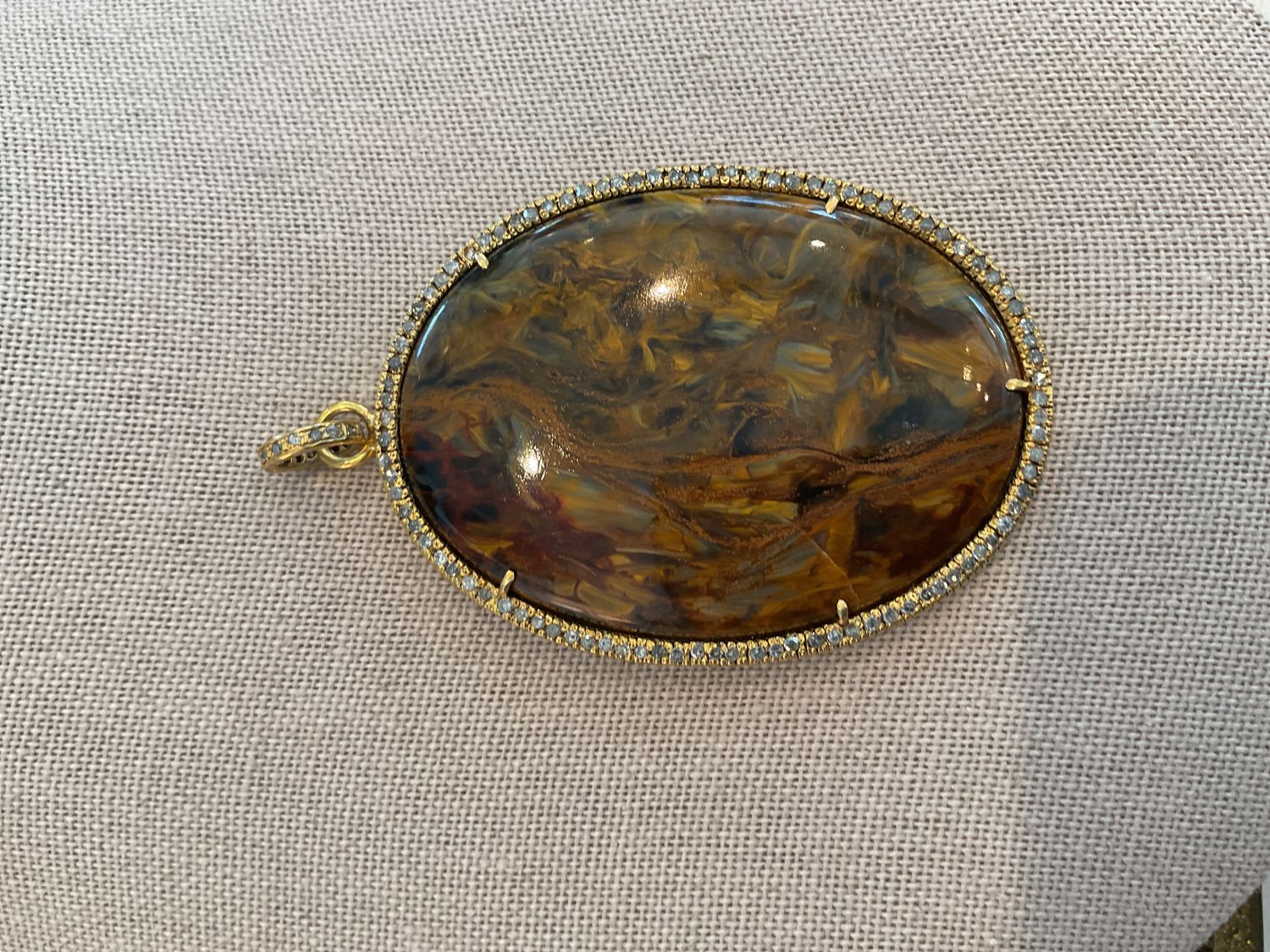 Pendant, Oval  Dk Pietersite Stone with Diamond Bezel &amp; Bail, 2.5&quot; L