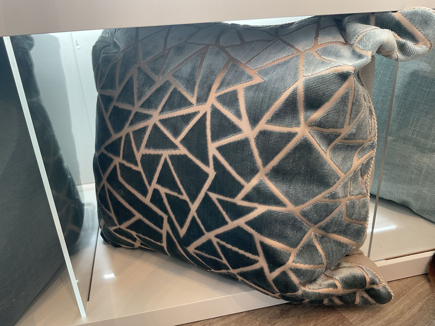 Pillow Blue Cut Velvet Triangles Cream Accent