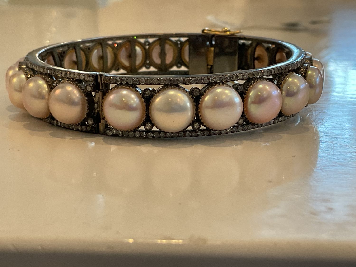 Bangle Large Pearl &amp; Diamond Sterling w/ 14K Gold