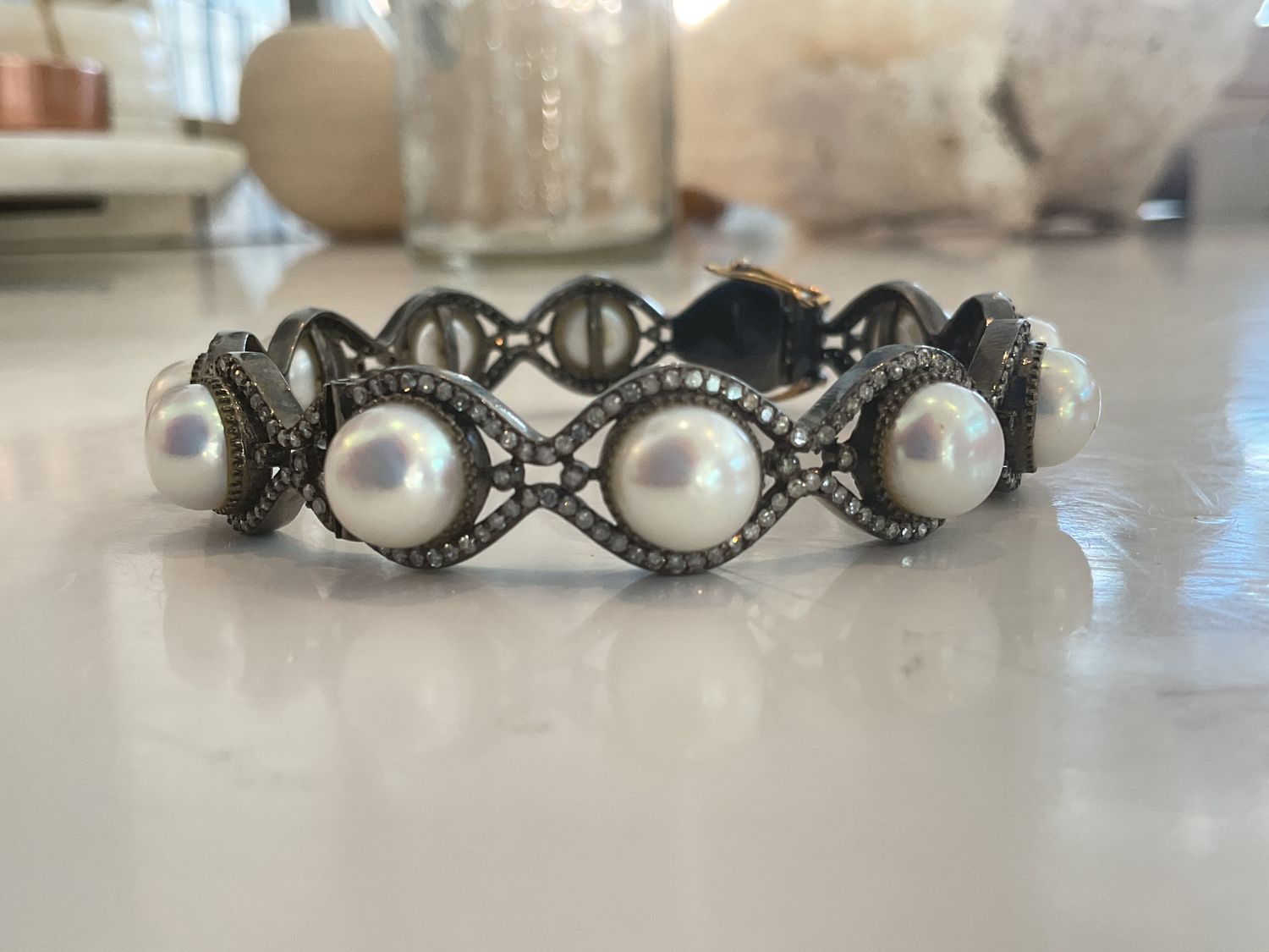 Bangle Large Pearl &amp; Diamond &#39;Eye&#39; Shapes Sterling w/ 14K closure