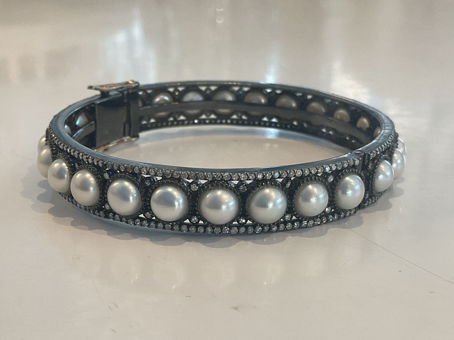 Bangle Medium Pearl &amp; Diamond Sterling w/ 14K Closure