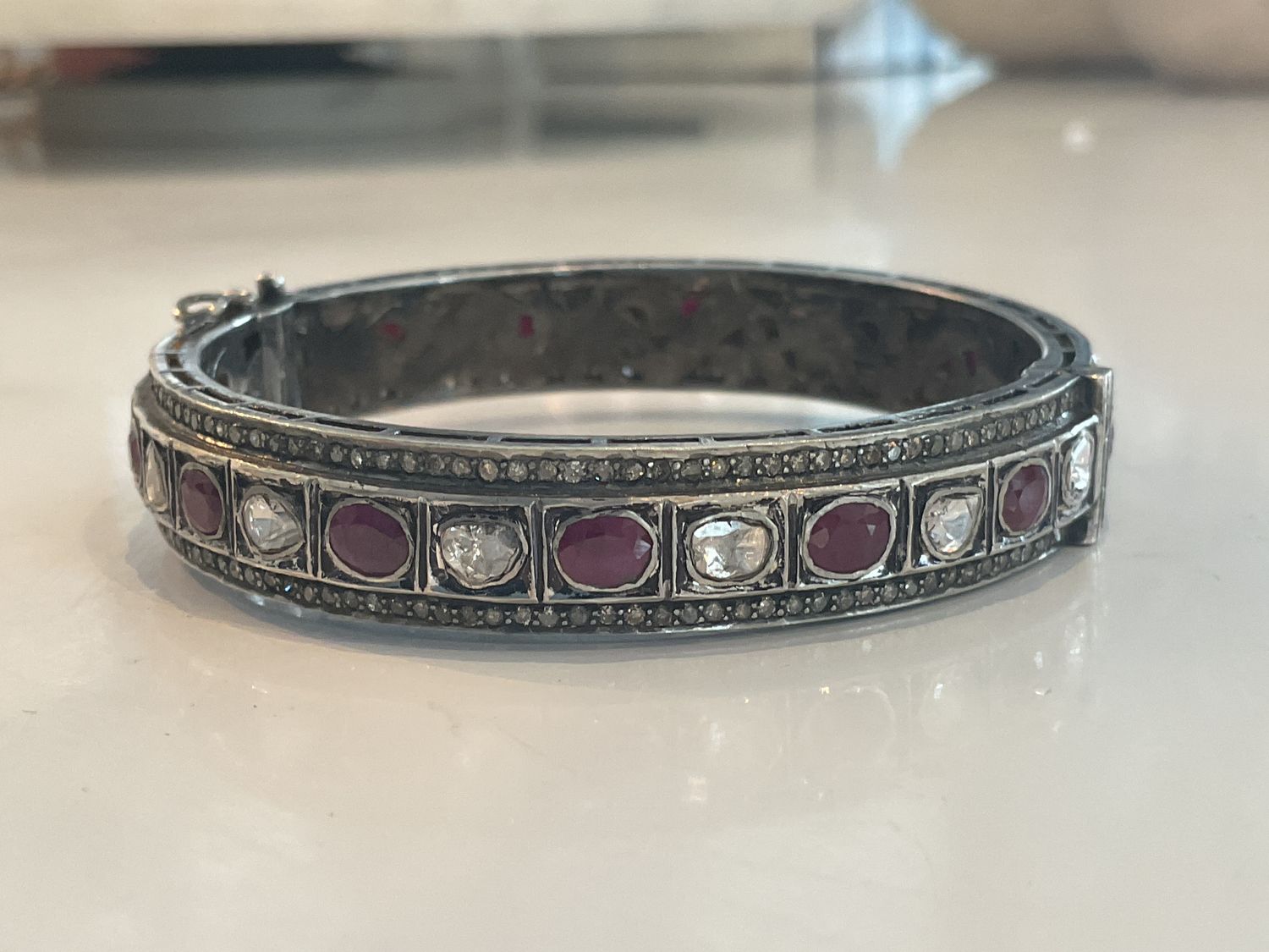 Bangle Rosecut Diamond 7.27ct &amp; Ruby 6.83ct Sterling