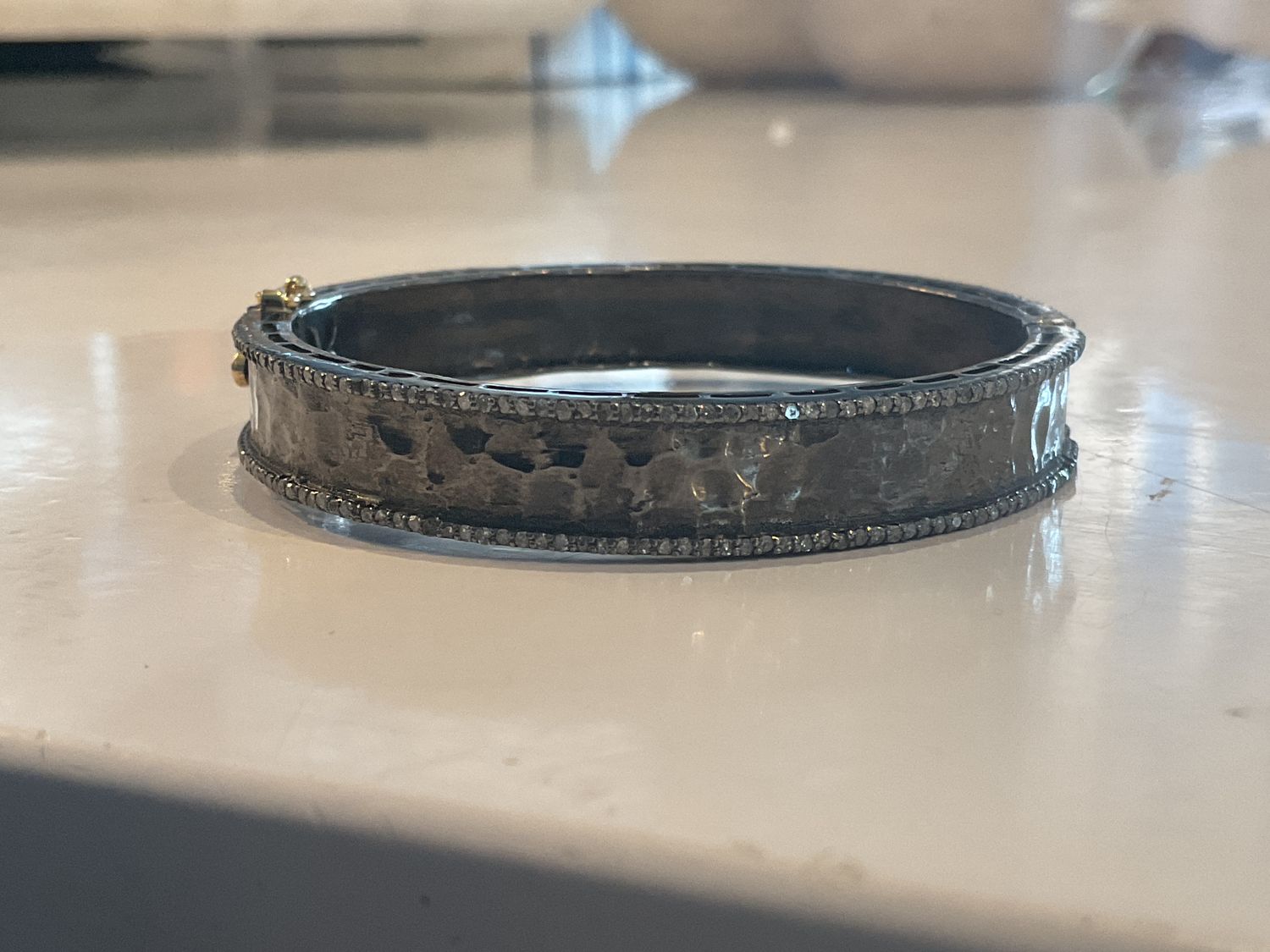 Bangle Hammered Oxidized Sterling w/ Diamonds 4.27ct 14k Closure