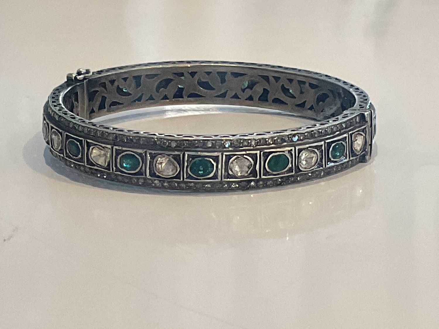 Bangle Rosecut Diamond &amp; Emerald Sterling