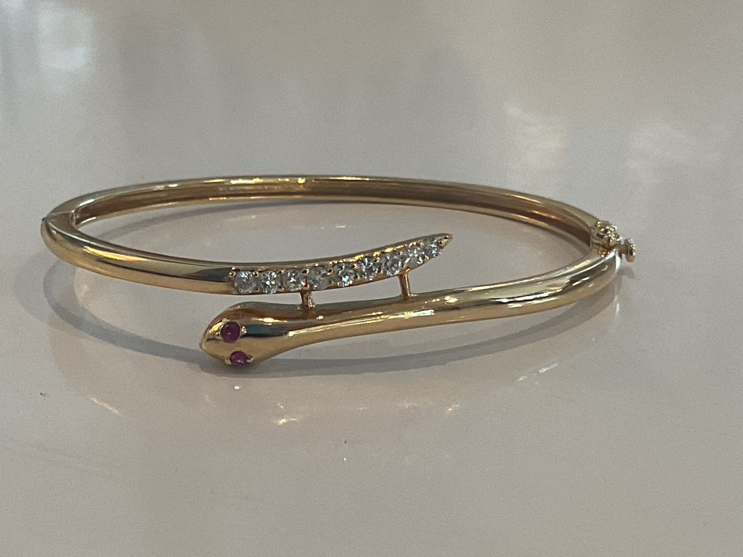 Bangle 14K Snake Serpent Ruby Eyes Diamond Encrusted Tail