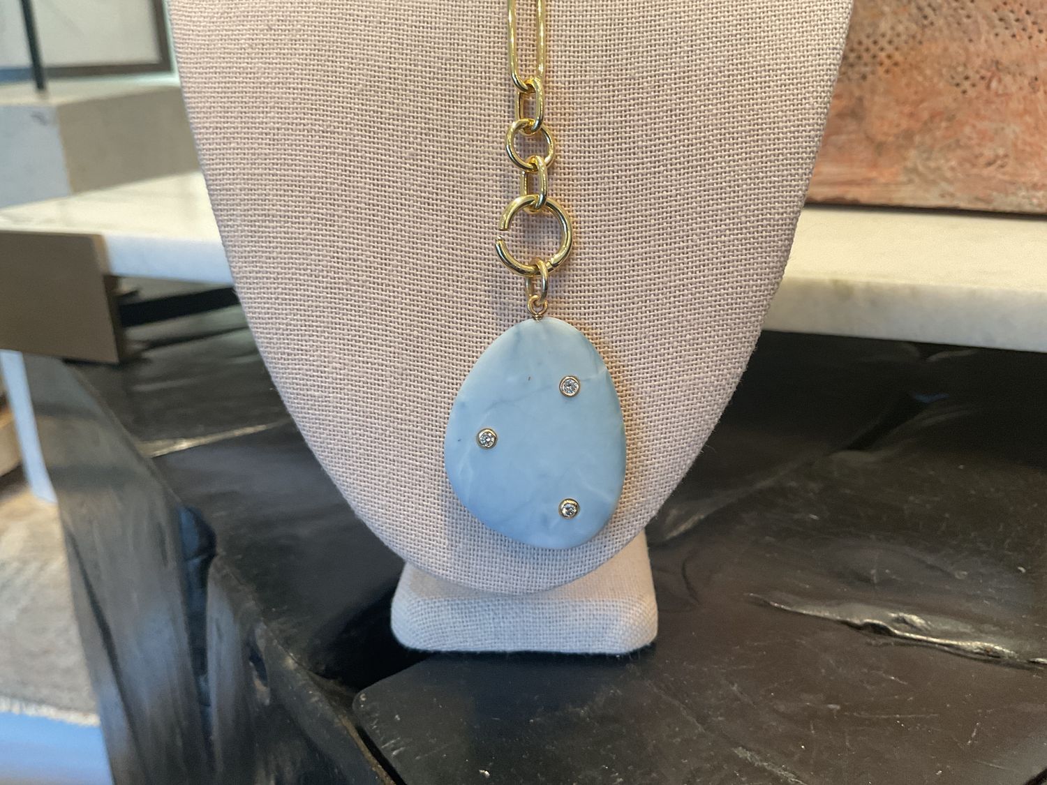 SOLD Pendant,Lt Blue Angelite With 3 Diamonds set in Gold Bezel, .36 Ct