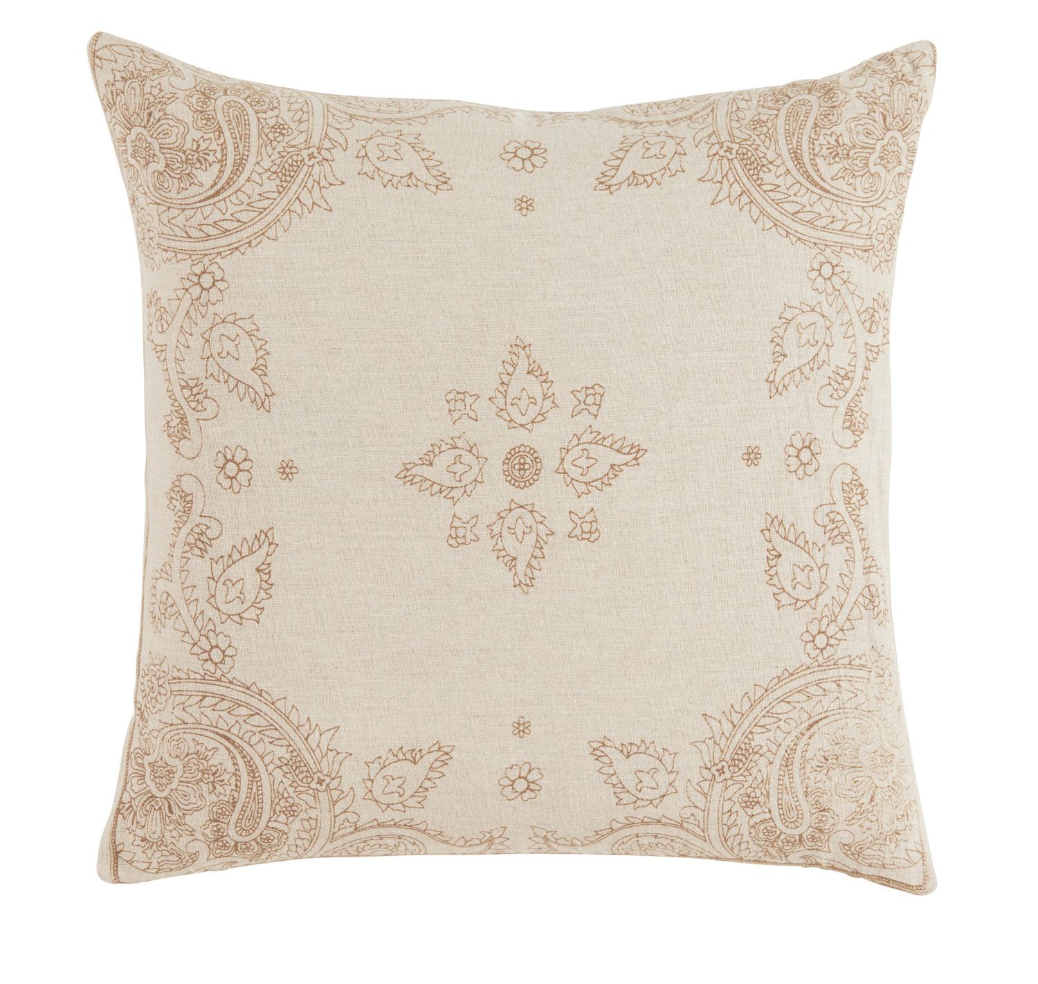 Pillow, Linen, Bandana Inspired Beige &amp; Brown, 22&quot; Sq