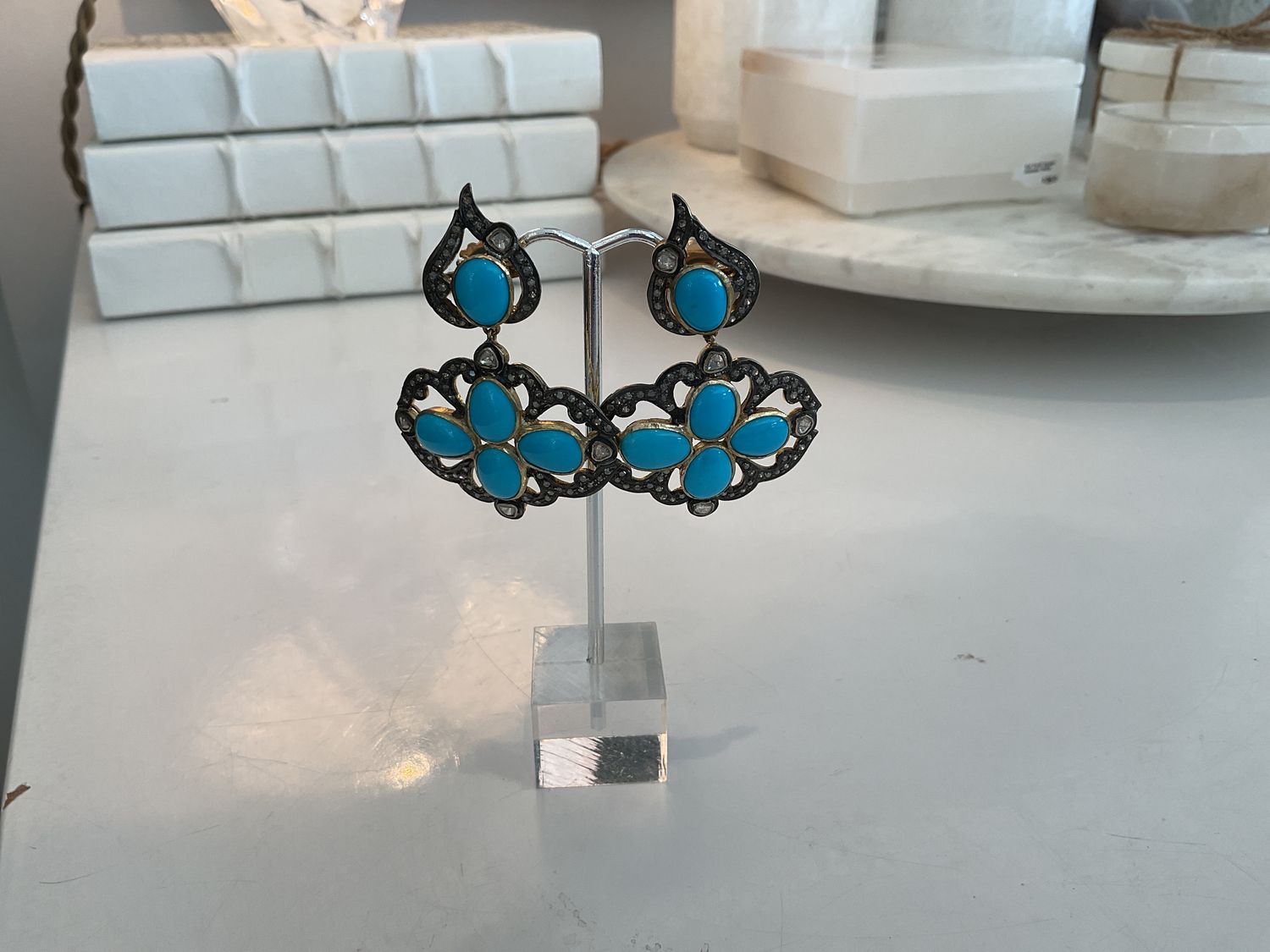 *SOLD Earrings, Turquoise and Diamonds, Silver