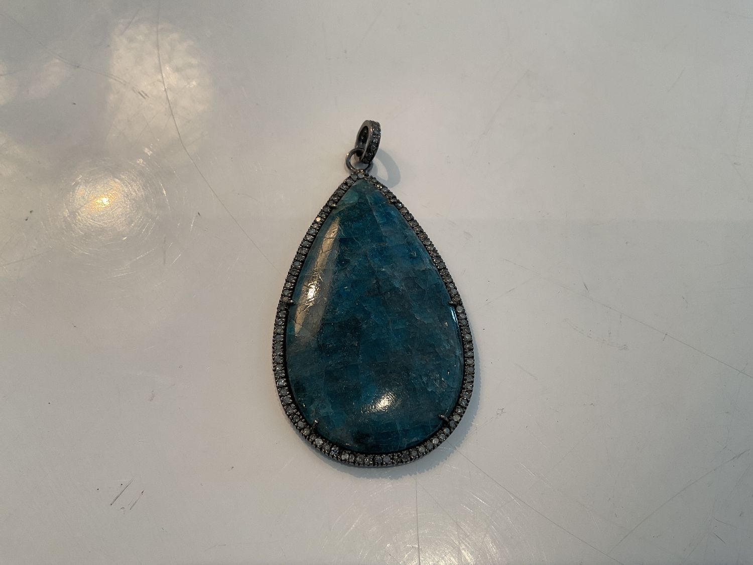 Pendant, Teardrop Blue Apatite with Diamond Bezel, 2.5&quot;
