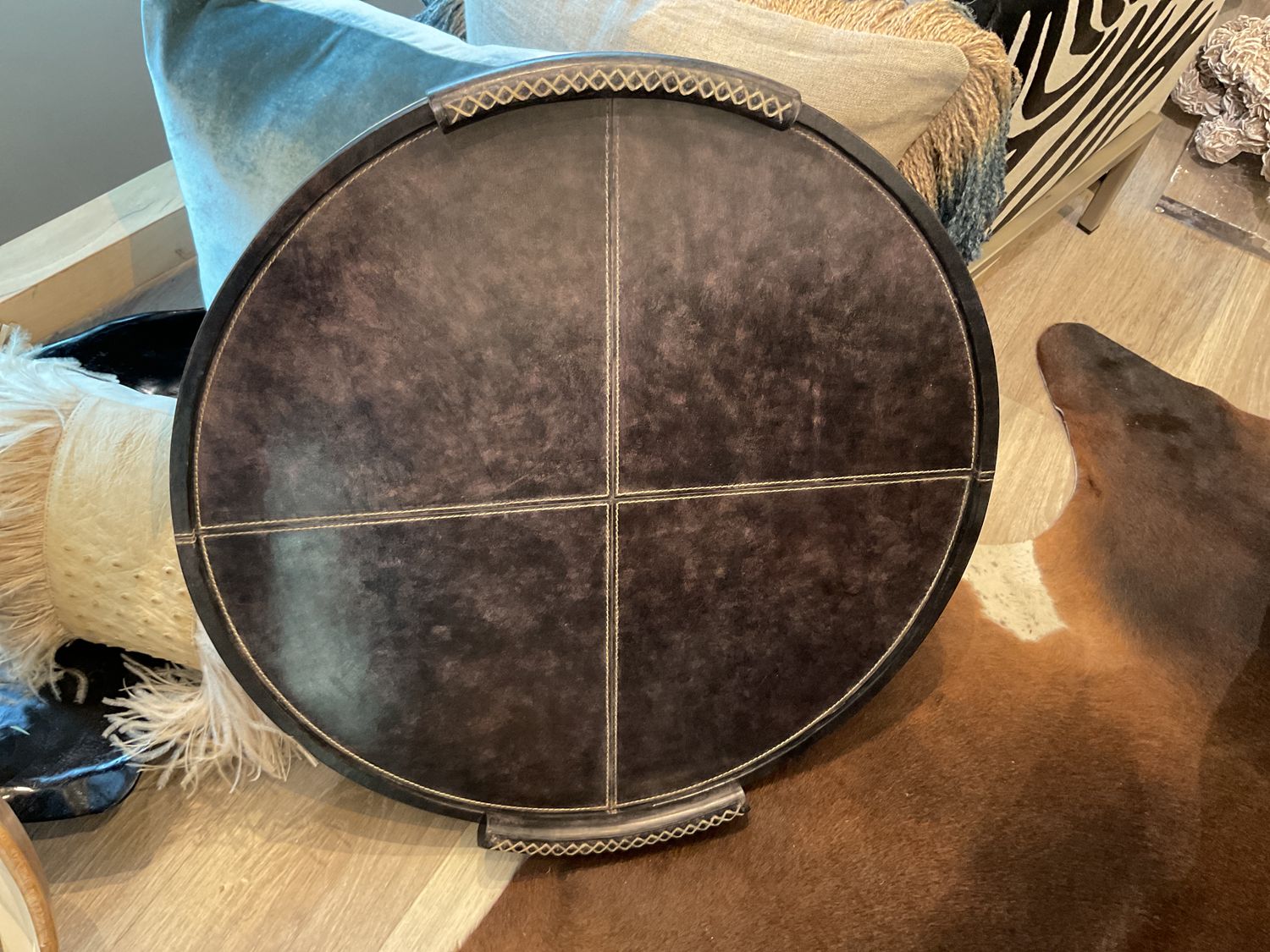 Round Leather Tray with Handles with Stitching Details, Black , Lg 24&quot; D