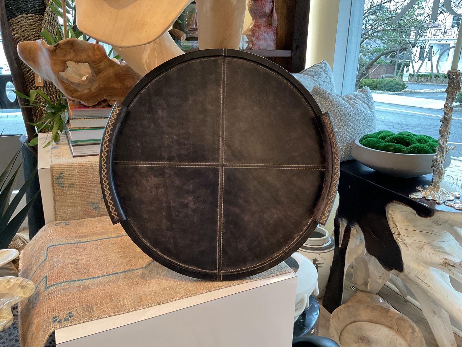Round Leather Tray with Handles, Black/Cream Stitching Details, Sm, 18&quot;