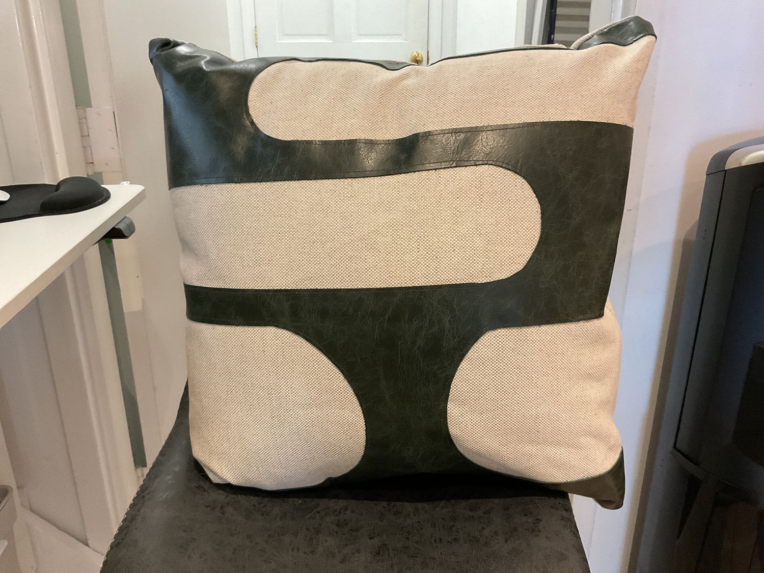 Pillow, Oatmeal Body with Green Leather Detail, Down Insert Inc.,24&quot; x 24&quot;