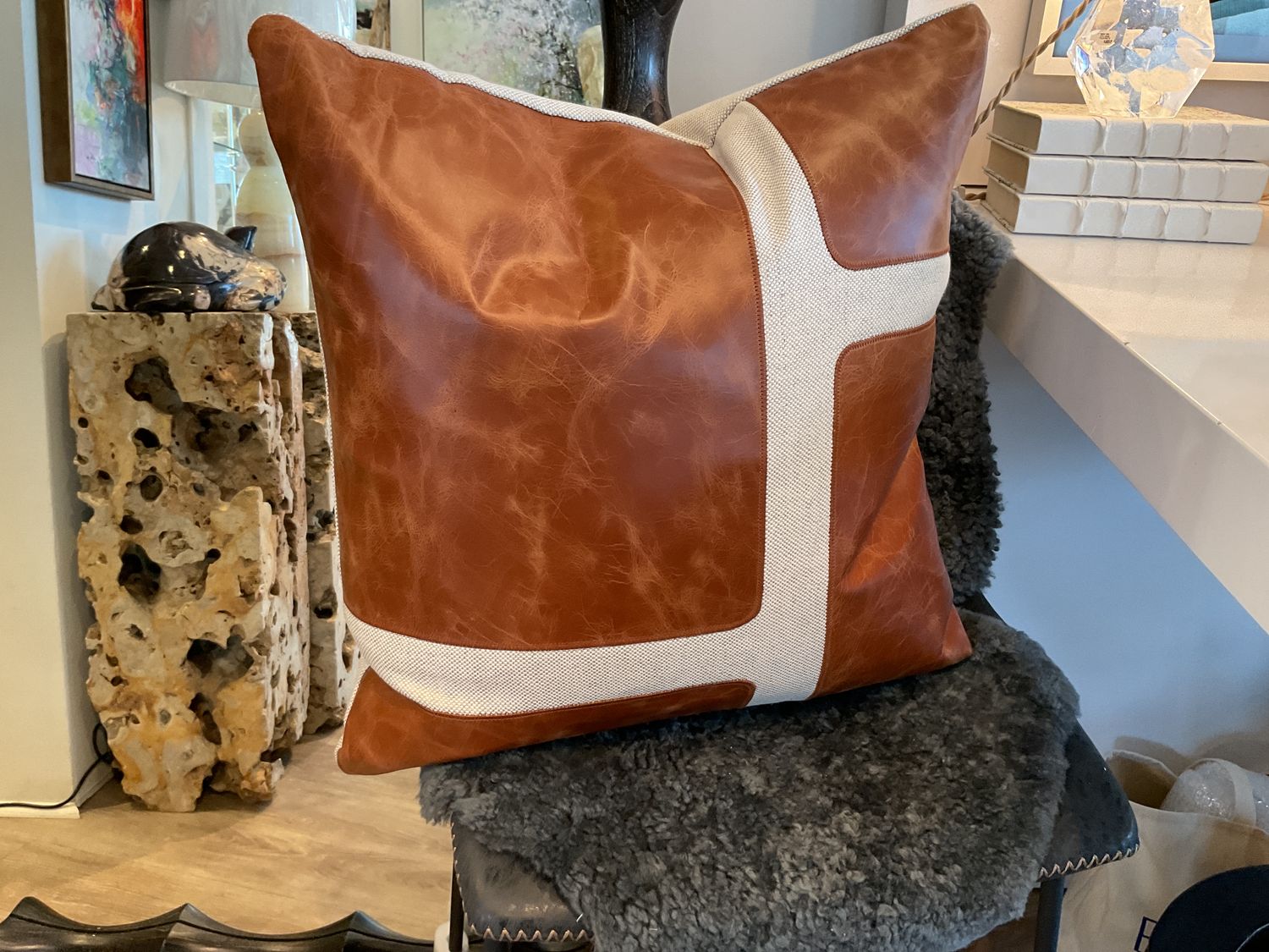 Pillow, Oatmeal with Caramel Color Leather Trim, Down Insert, 22&quot; x 22&quot;