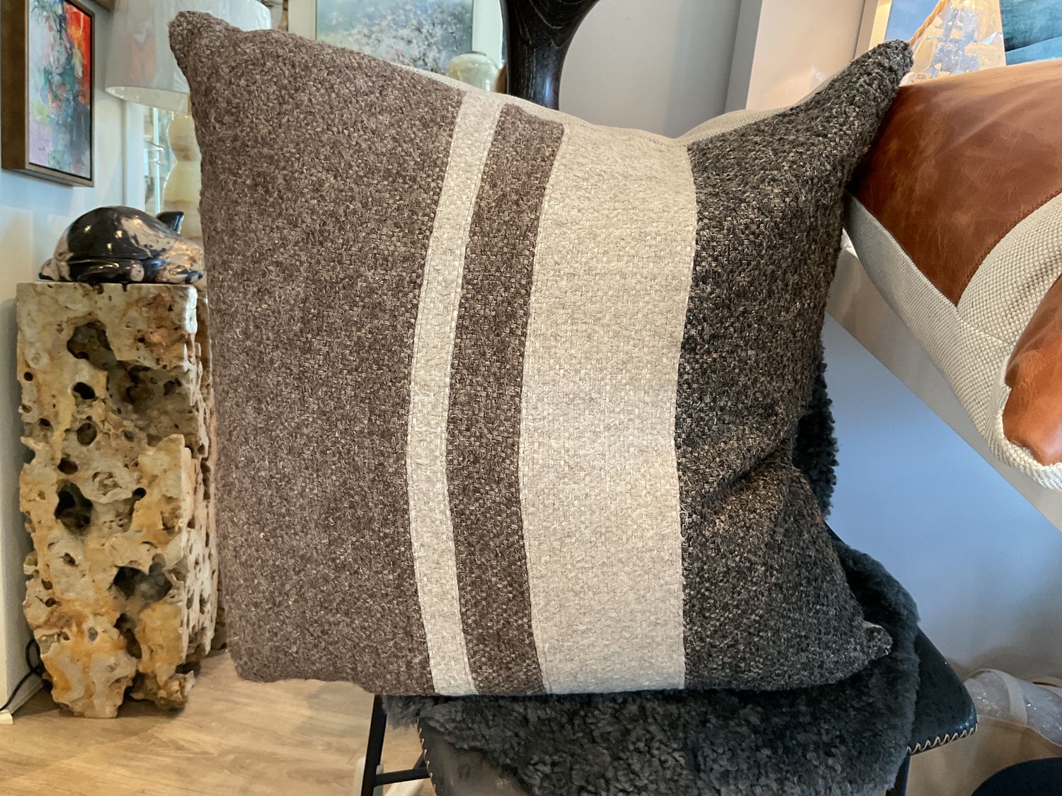 Pillow, Boucle Grey, Beige, Brown Stripe, Down Insert, 24&quot; x 24&quot;