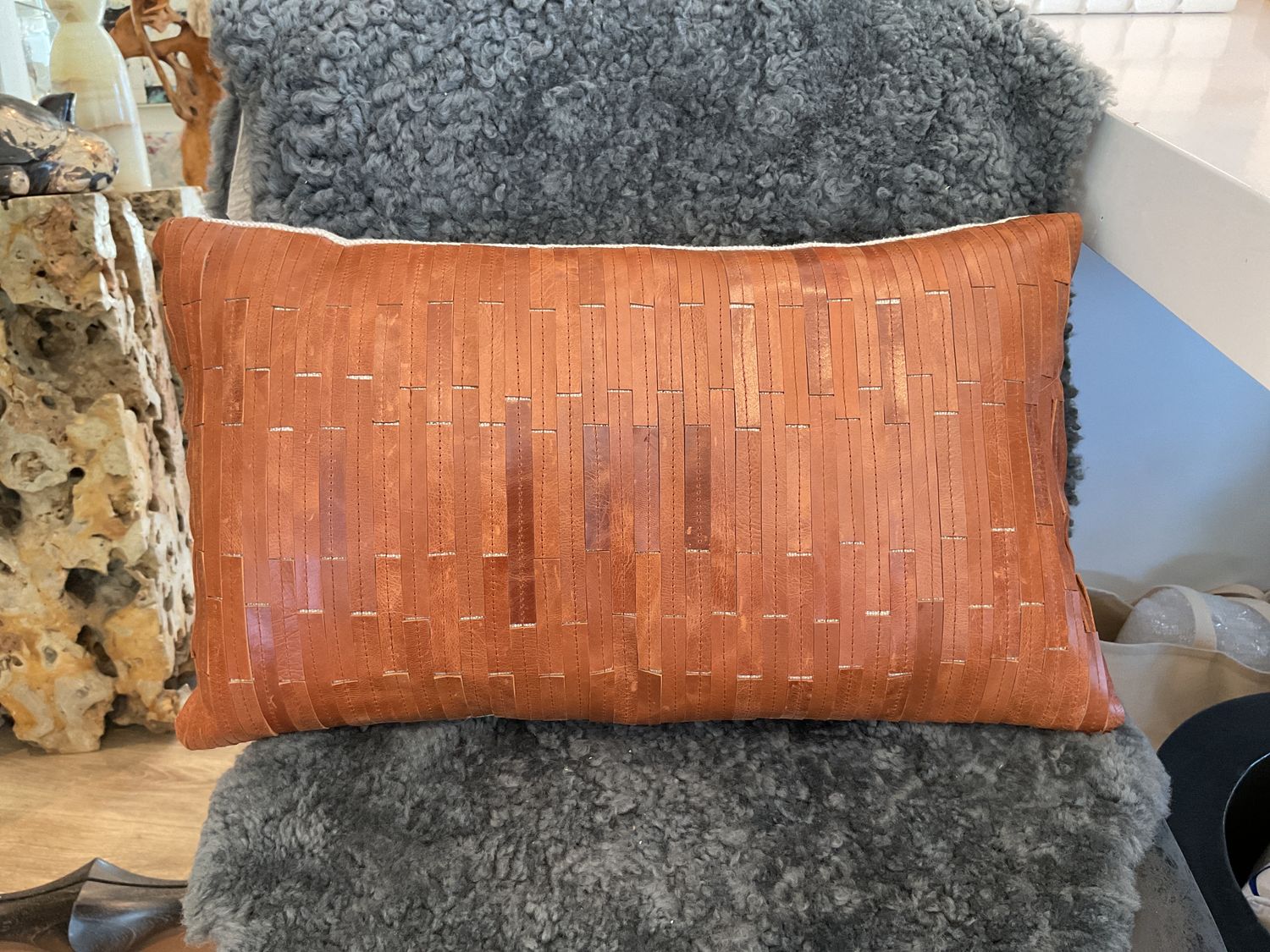 Lumbar Pillow  Stitched Leather Front Fabric Back 20x12