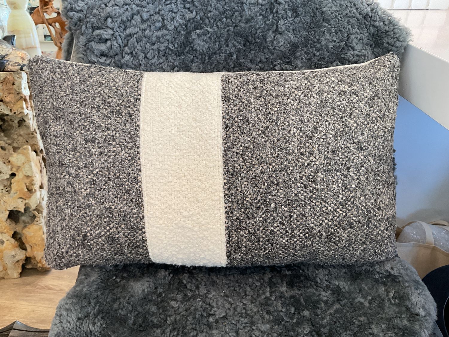 Lumbar Pillow Small Charcoal Boucle w/ Nat Stripe 12x20