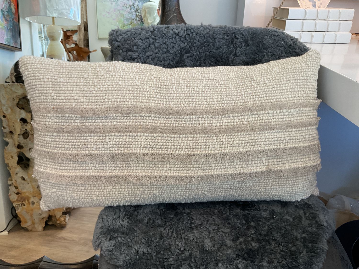 Lumbar Pillow Long Natural w/ Fringed Detail 14x26