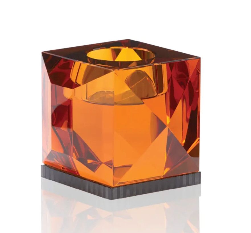 SOLD Fine Hand-Cut Faceted Crystal Tea Light Holder, Amber/Black, 3&quot;H