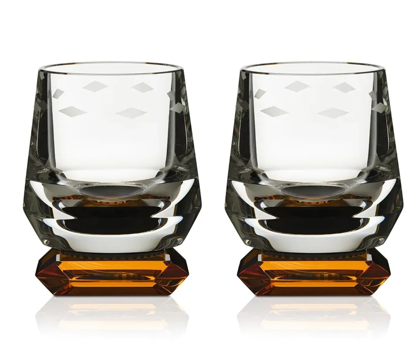 Fine Hand-Cut Crystal Whiskey Glasses, Clear/Amber, Set/2, 4&quot; H