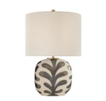Lamp, Ceramic Matte Bisque &amp; Mottled Gloss Charcoal Abstract Pattern, 24&quot; H x 15&quot; W, Linen Shade Inc.