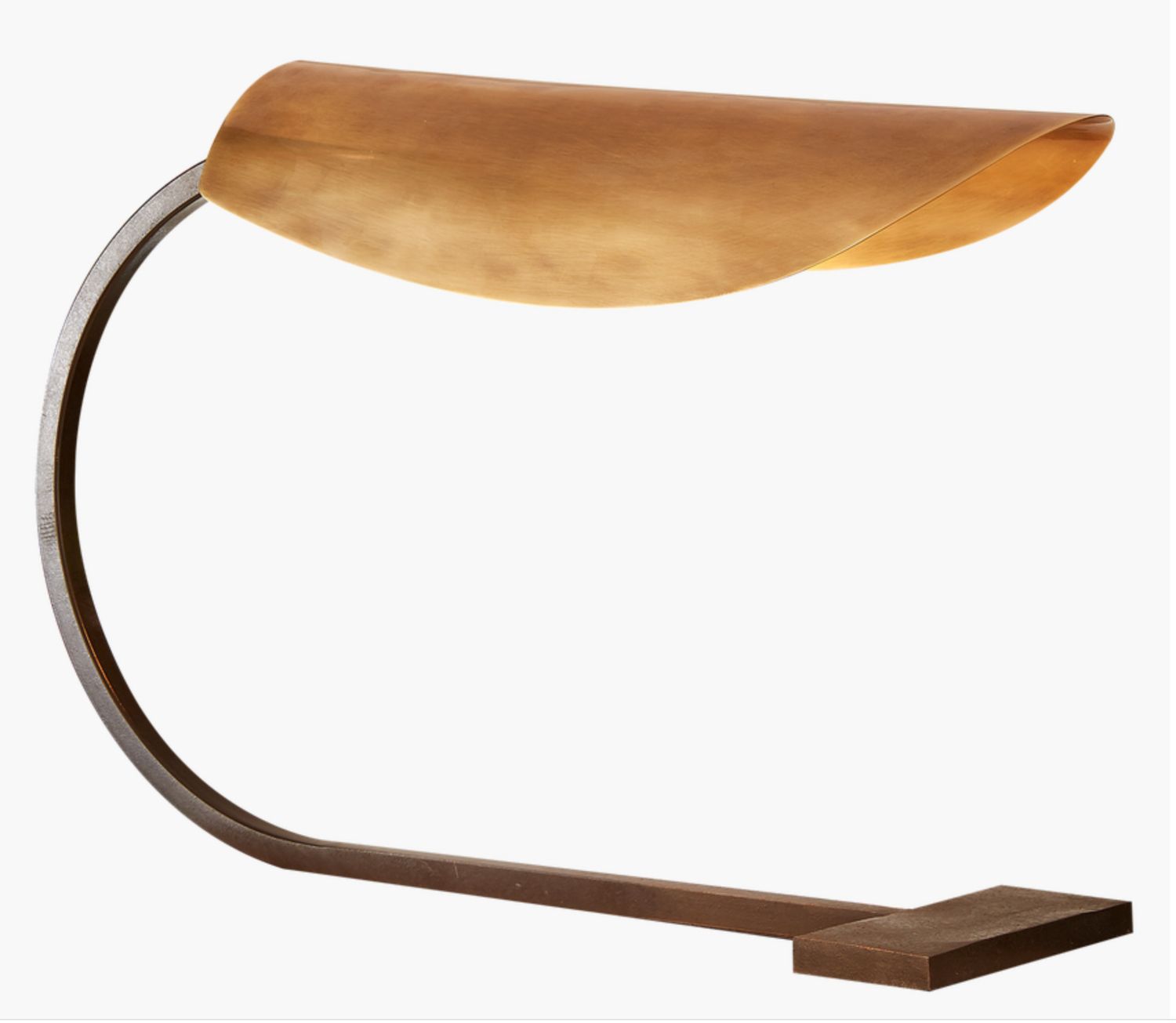 Modernist Desk Lamp, Curved with Mixed Metals,Aged Iron with Hand-Rubbed Antique Brass, 12&quot; H x 18&quot; x 5.5&quot;