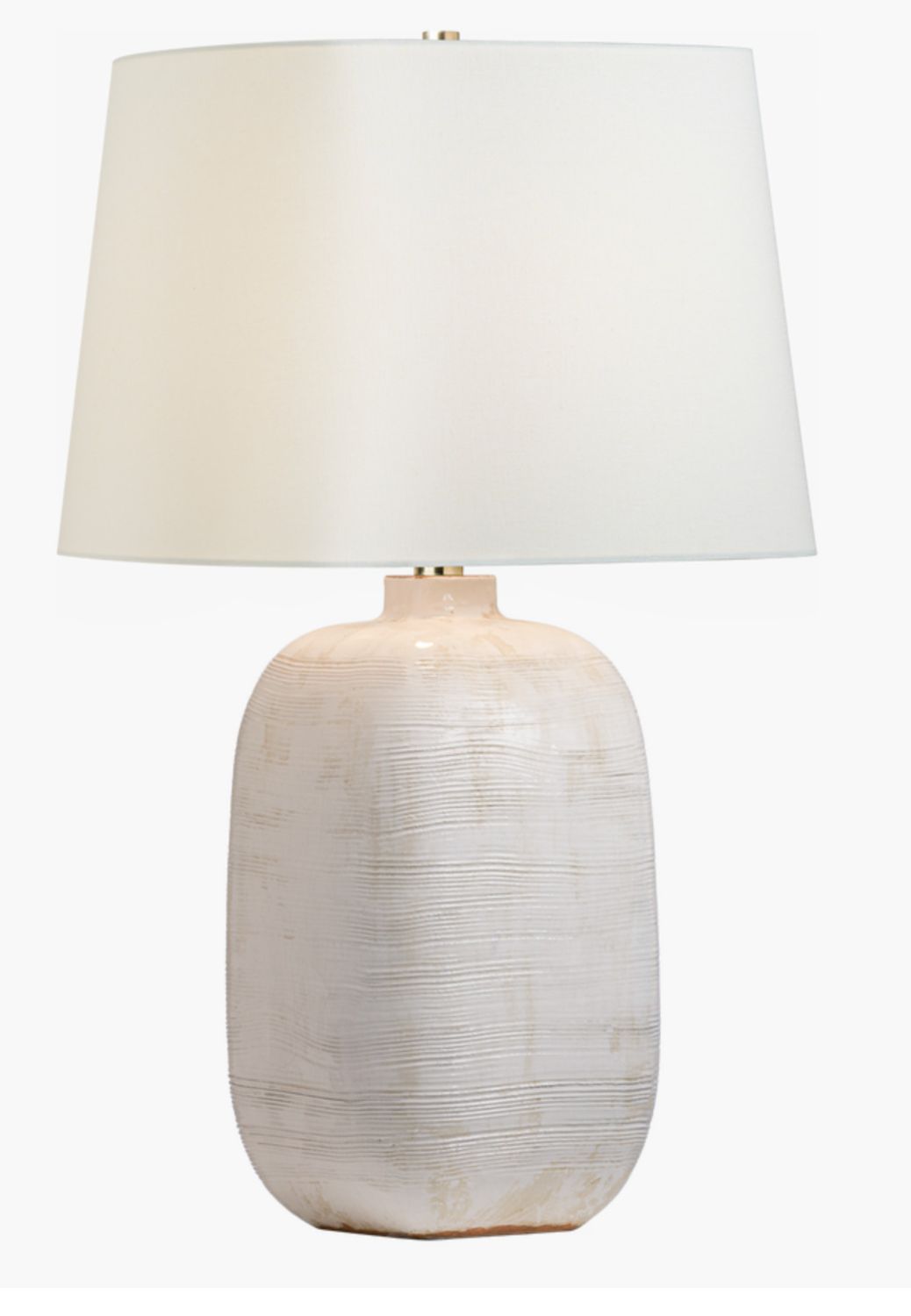 Lamp Ceramic Glossy White Crackle, Horizontal Linear Design, Linen Shade Inc., 32&quot; H x 18&quot; W
