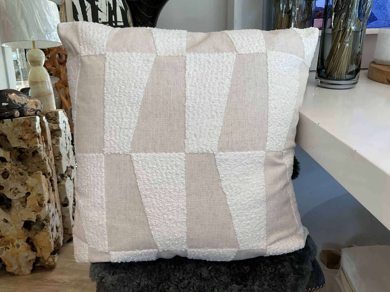 Pillow Cream Boucle &amp; Linen Block Pattern 24 x 24