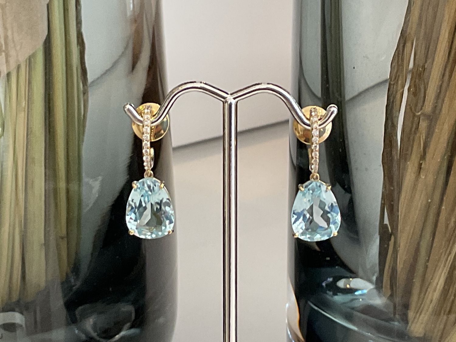 Earrings Blue Topaz Drops 14k YG Diamond Accents