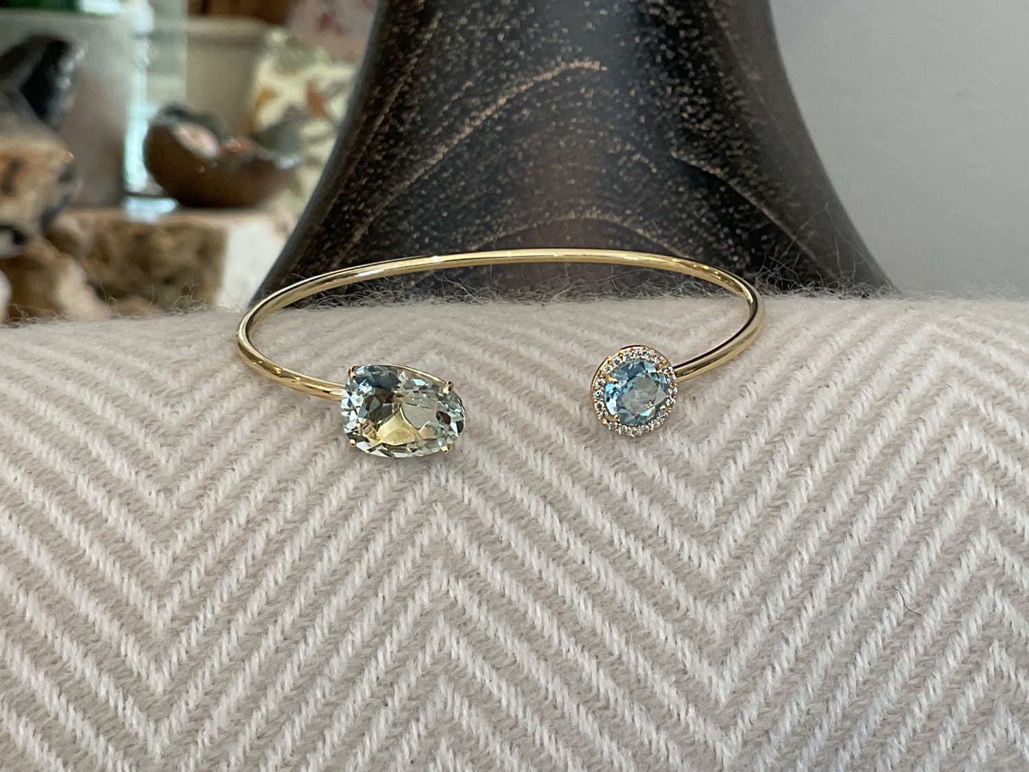 Bangle 14k YG Blue Topaz &amp; Praziolite w/ Diamond Accent