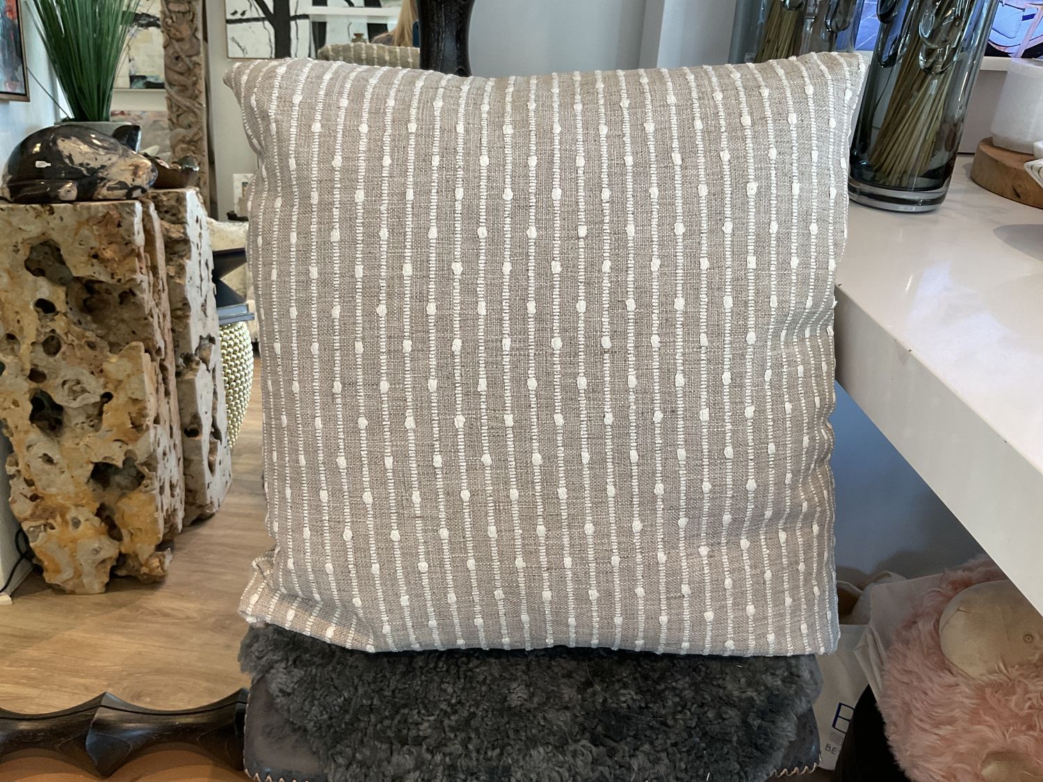 Pillow Gray Linen and Cream Boucle Stripe 24 x 24