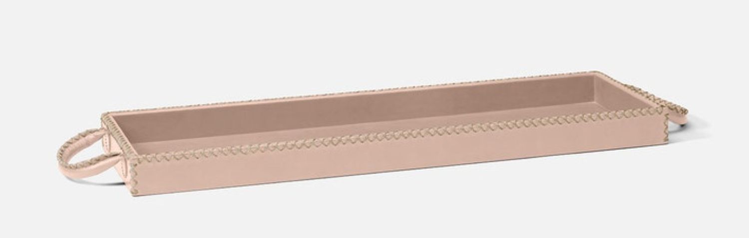 Full-Grain Leather Tray with Handles, Dusty Rose, 24&quot; L x 8&quot; W, Decorative Stitching
