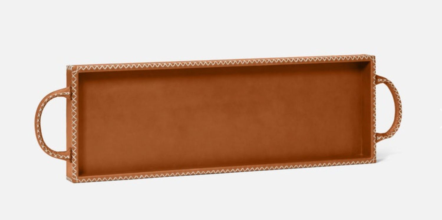 Full-Grain Leather Tray with Handles, Camel, 24&quot; L x 8&quot; W, Decorative Stitching