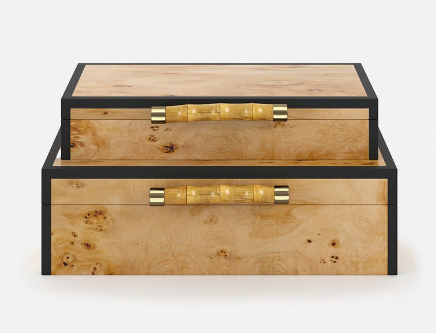 High Gloss Mappa Veneer Boxes, Set/2, Bamboo Handles, Sm 13&quot; x 6.5&quot; x 2.5&quot;H &amp; Lg 14.25&quot; x 8.5&quot; x 4.25&quot;H