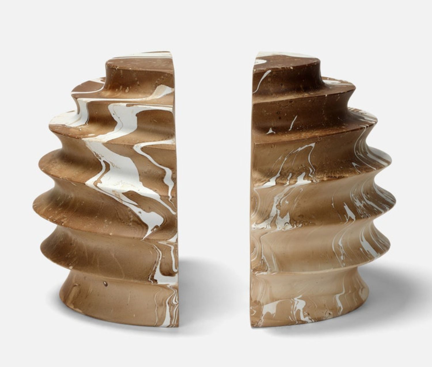 Bookends, Blonde Mango Wood, White Swirls, Ridged Sphere , 11&quot;L x 6&quot;W x 9&quot;H