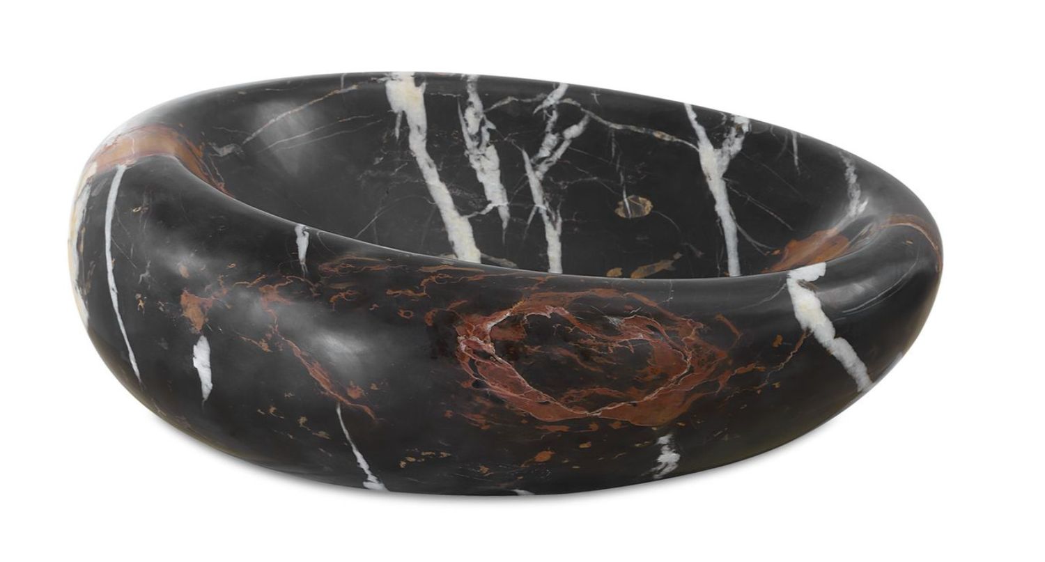 Marble Bowl, Organic Soft Oval Shape, Dk Br/Wh/Lt Bronze Veining, 16&quot; x13&quot;
