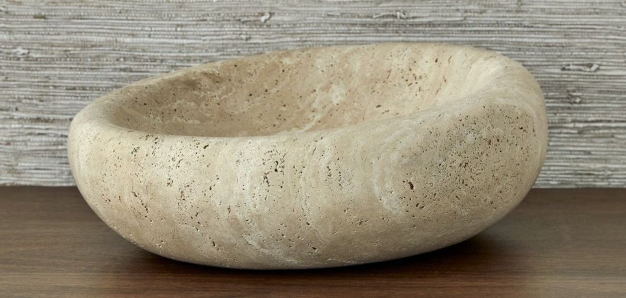 Marble Bowl, Soft Organic Oval Travertine, Lt Tan, Honed Finish, 16&quot; x 13&quot;