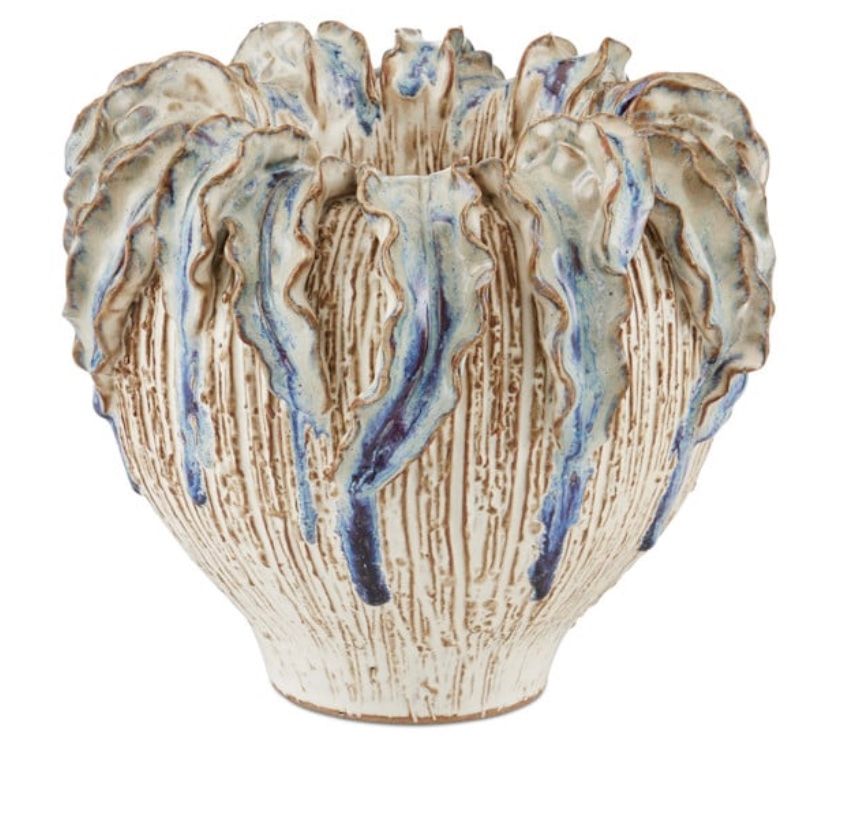 Vase Ceramic Glazed Ruffled Hand Crafted Ivory / Blue 8&quot;h x 8.75&quot;d
