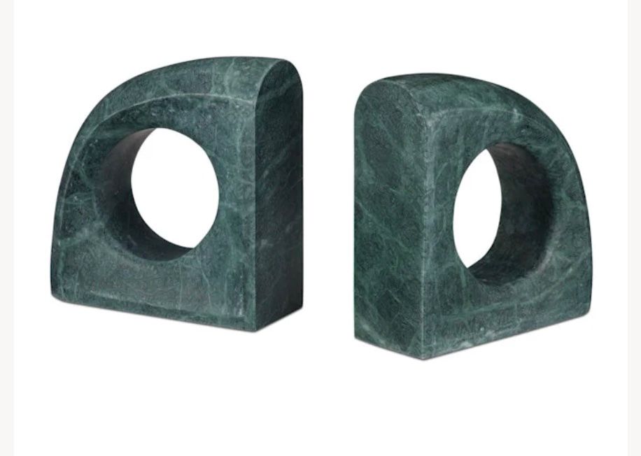 Bookends Set of 2 Sculptural Circle Green Marble 8&quot;h x 8&quot;w x 3&quot;d