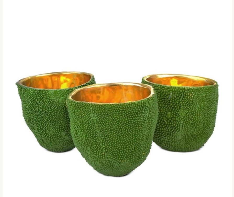 Vase Jackfruit Textured Bronze Green w/ Polished Gold Inside 2.75&quot;h x 3&quot;d