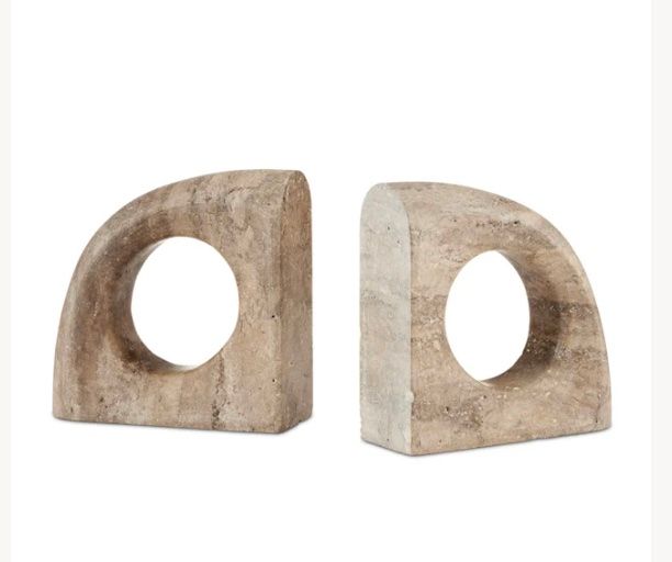 Bookends Set of 2 Sculptural Circle Natural Travertine 8&quot;h x 8&quot;w x 3&quot;d