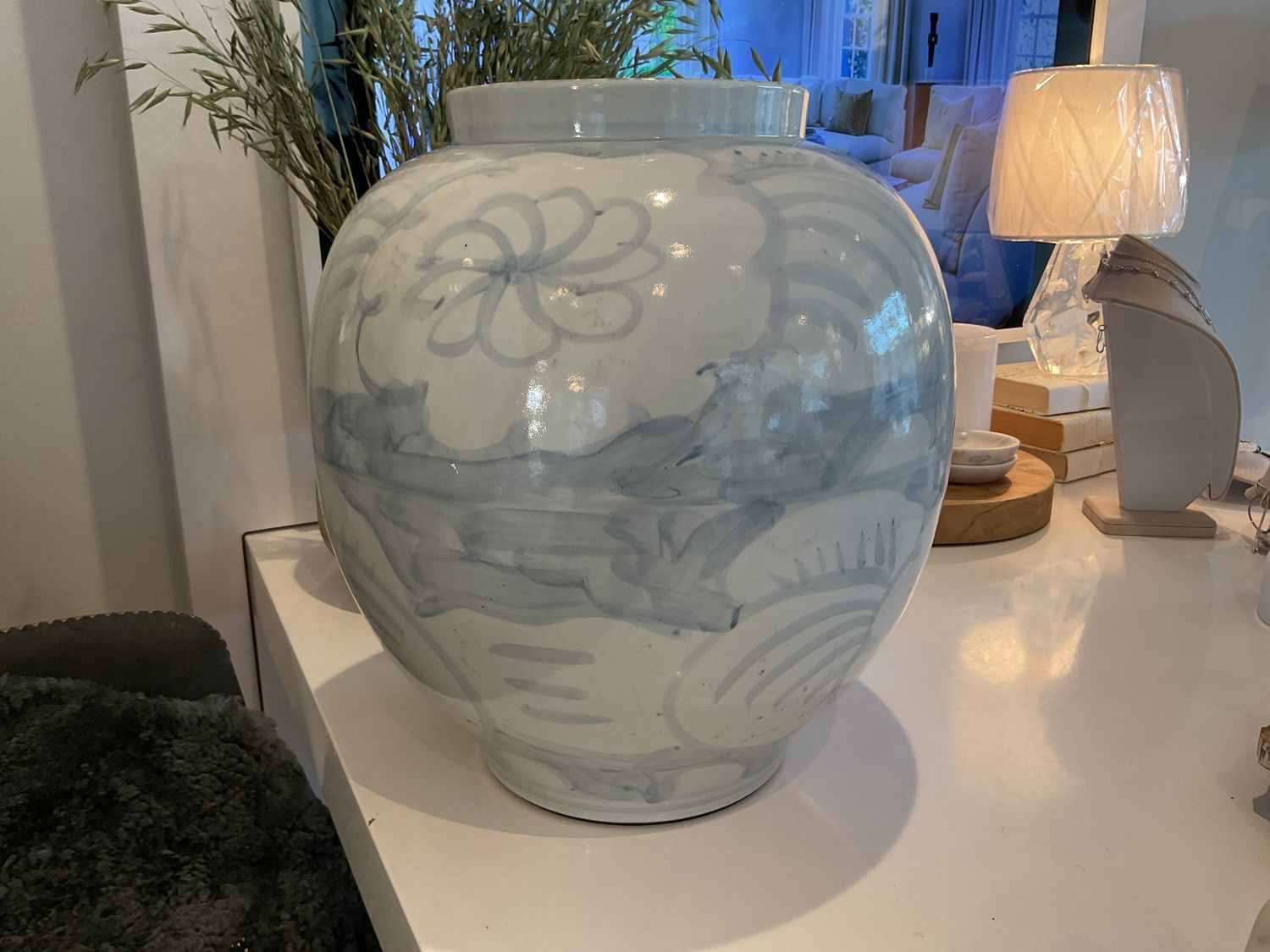 Vase Pot Porcelain Artisanal Handmade Off White &amp; Pale Blue 15&quot;H x 13&quot;D