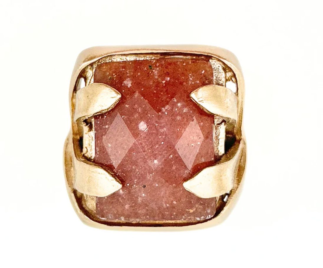 Ring, Rectangular Rose Cut Peach Moonstone, Wrap Prongs, Sz 7