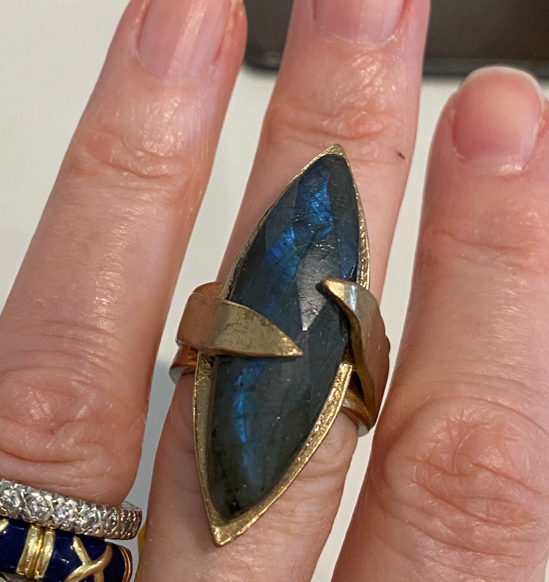 Ring, Marquise Labradorite wrapped in bronze, size 7