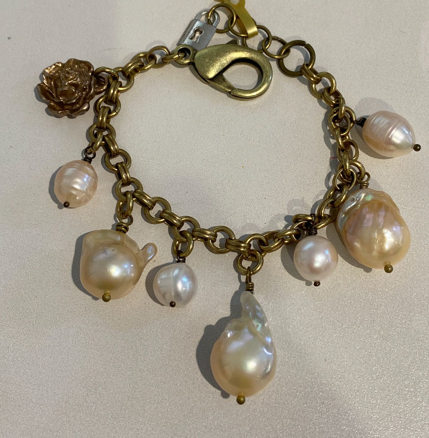 Bracelet, Baroque Pearl and Rose Charms in Bronze