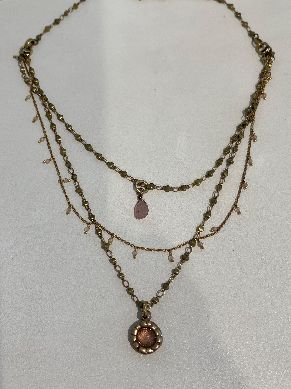 Necklace, Triple Strand in Bronze with Strawberry Quartz, 16&quot;