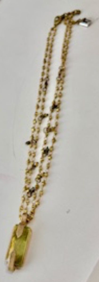 Necklace, Green Rectangle Amethyst and Sapphire Beads, 16&quot; Gold Tone Chain