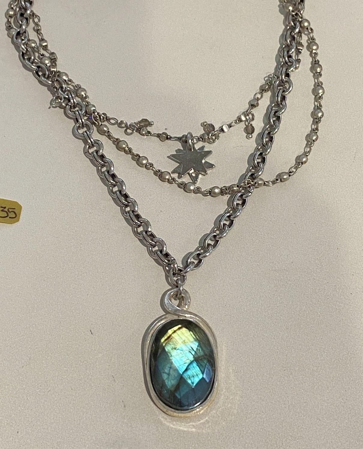 Necklace, Triple Strand in Sterling Silver with Faceted Labradorite Pendant