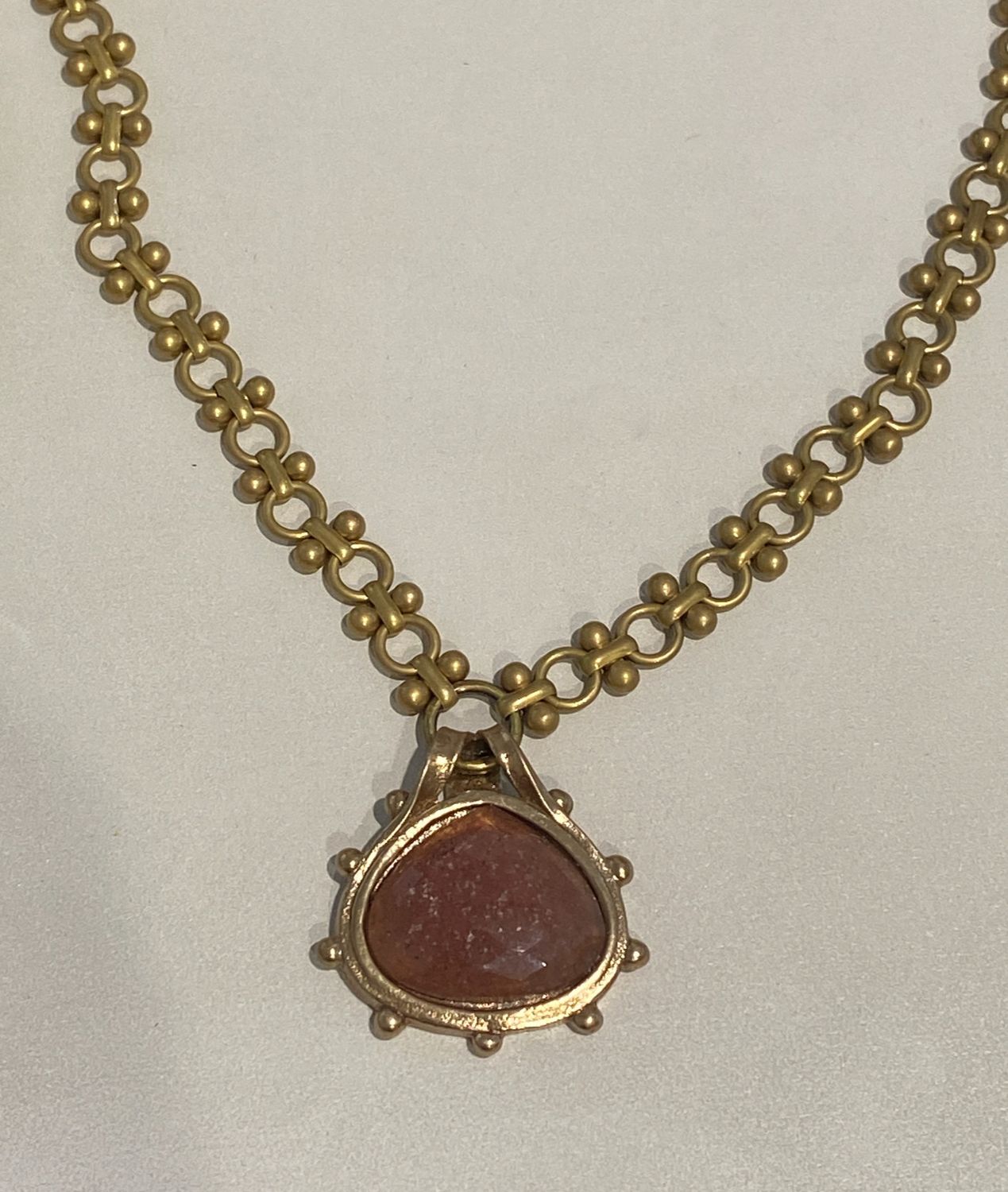 Necklace, Rose Cut Strawberry Quartz set in Granulated Detail Bronze Pendant