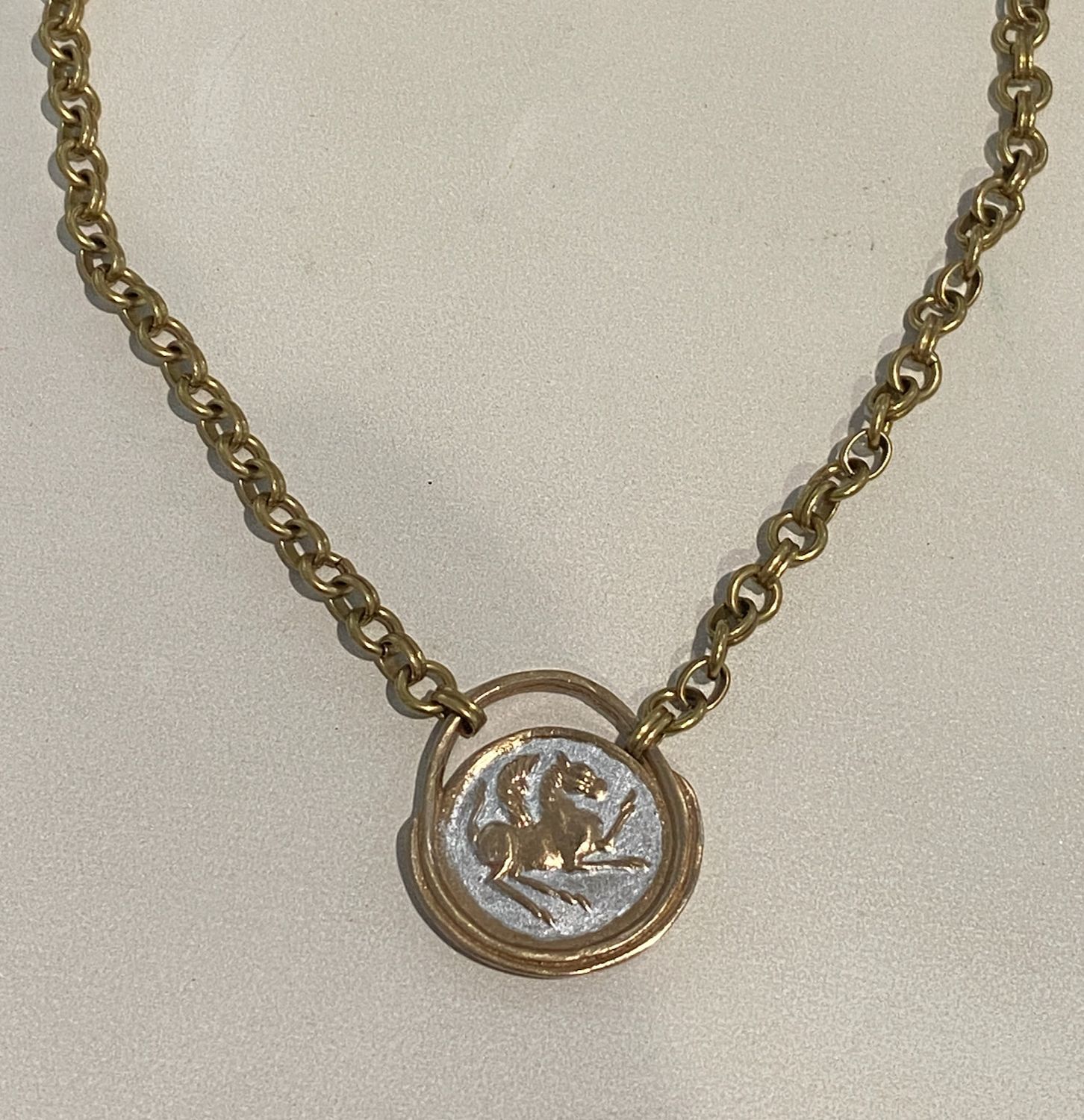 Necklace, Bronze Pegasus on Double Barrel Chain 18&quot; Painted Silver